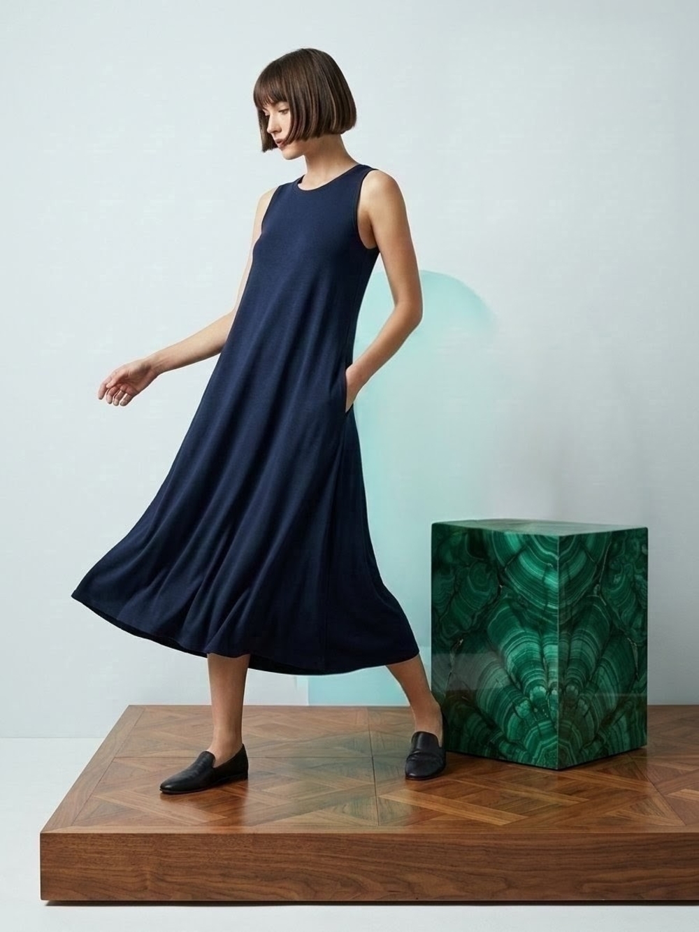 Time and Tru Navy Sleeveless Asymmetrical Midi Dress
